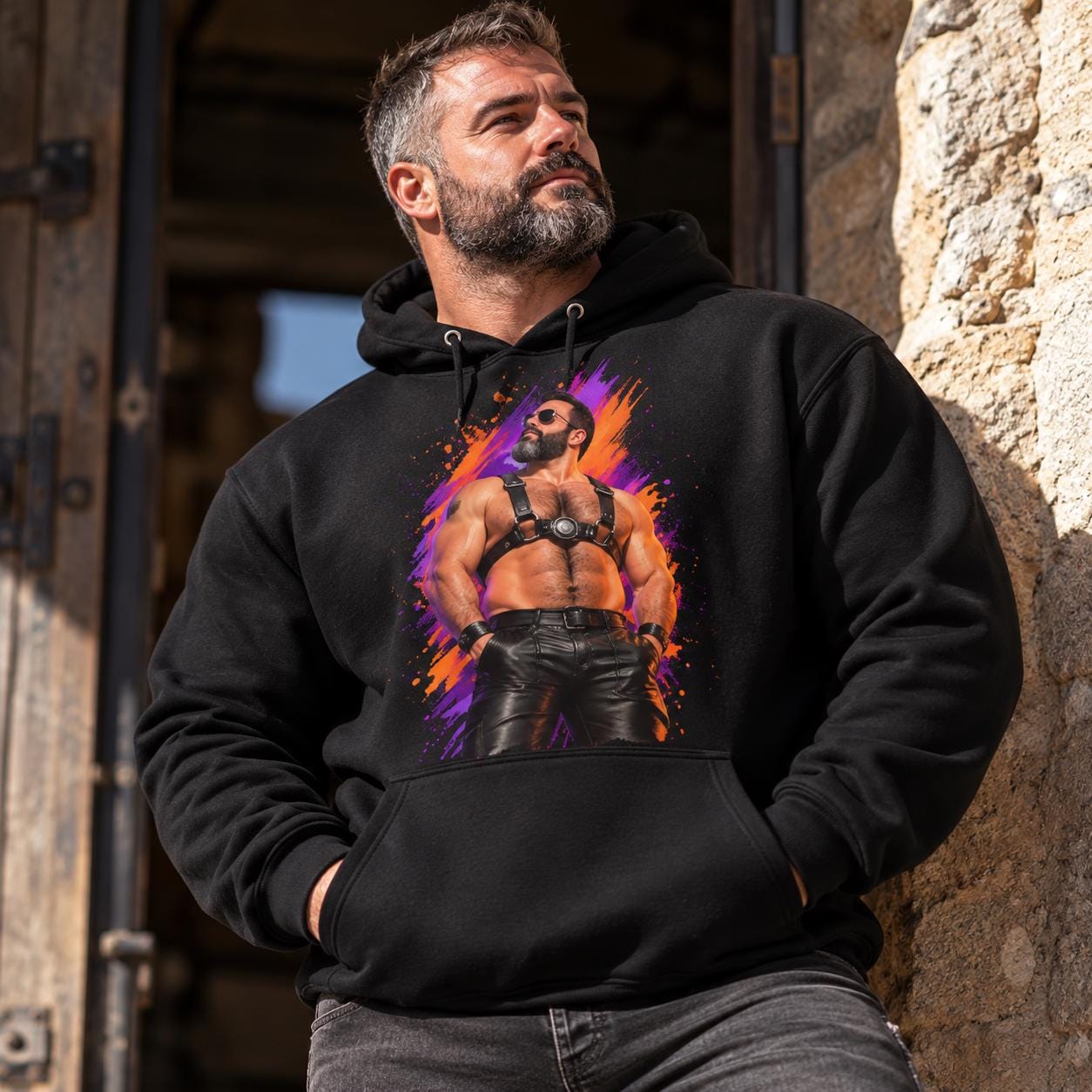 Men’s Bear Harness Hoodie – DTFlex Graphic Sweatshirt, Gay Bear Streetwear, Gildan 18500**