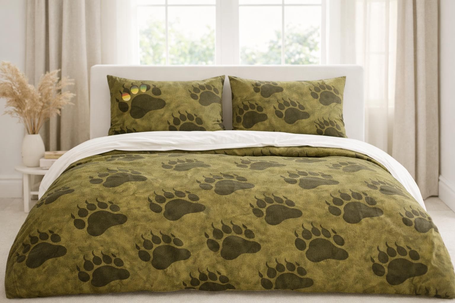 Turcobear Deep Olive Green Bear Paw Print Quilt Cover Set