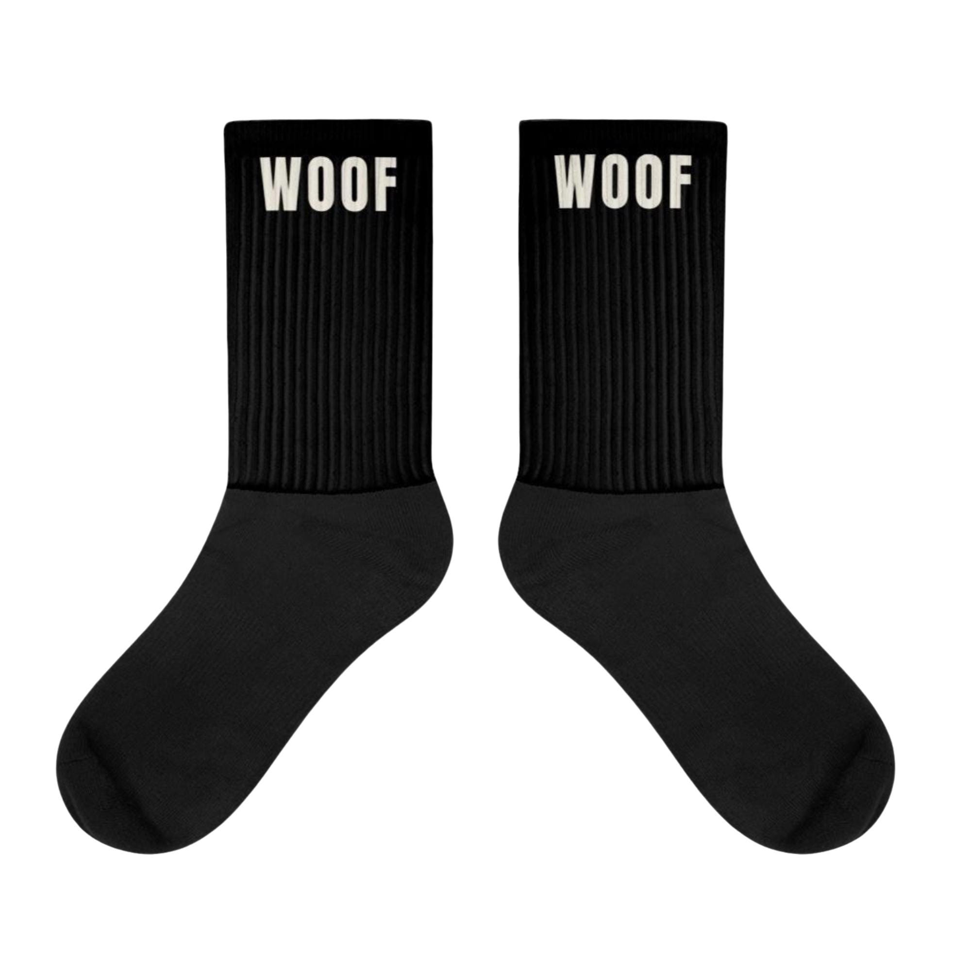 Mens WOOF Crew Socks: Black Cotton Streetwear Style