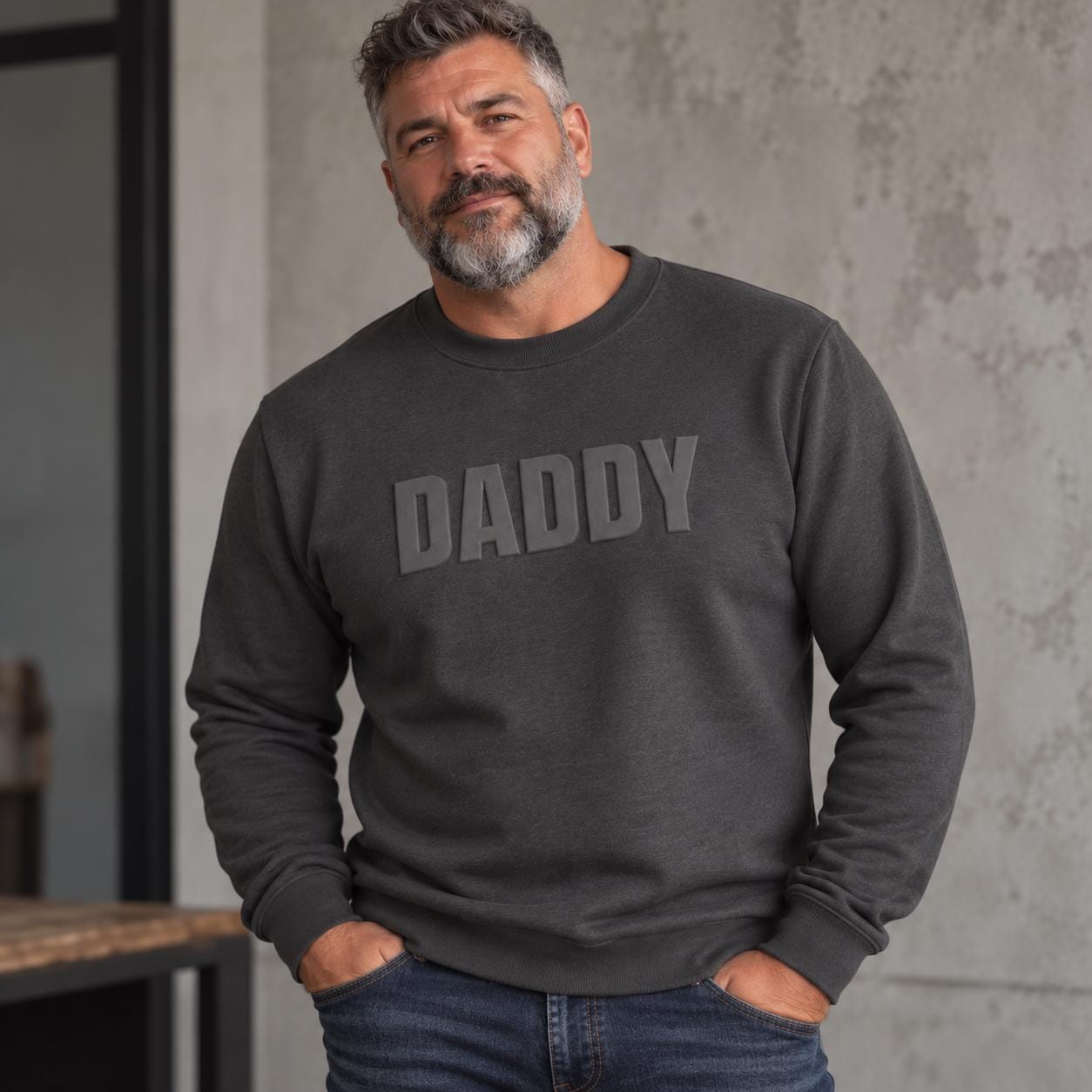 Mens DADDY 3D Puff Sweatshirt  Tone-on-Tone Raised Graphic Crewneck
