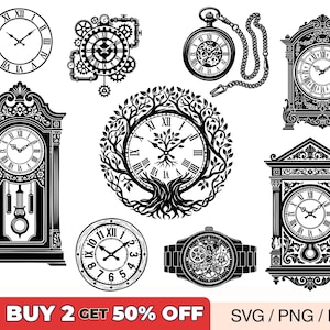May include: A collection of black and white clock illustrations including various grandfather clocks, a pocket watch with a chain, a wristwatch, and a tree-themed wall clock. The bottom banner features the text BUY 2 GET 50% OFF SVG / PNG / EPS.