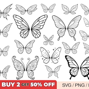 Puede incluir: Una colección de diseños de alas de mariposa en blanco y negro. La imagen incluye ilustraciones detalladas de alas de mariposa, con diferentes patrones y formas. El texto "BUY 2 GET 50% OFF" se muestra en una pancarta roja.