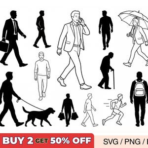 Könnte beinhalten: Eine Sammlung von schwarz-weißen Strichzeichnungen und Silhouetten, die verschiedene Personen in Bewegung zeigen, darunter Menschen beim Gehen, Laufen, Tragen von Taschen, Telefonieren, mit Regenschirm und beim Gassigehen, mit dem Text BUY 2 GET 50% OFF.
