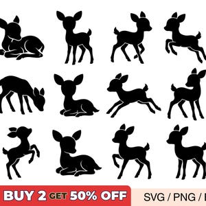 May include: A set of black deer silhouettes in different poses, such as standing, sitting, and leaping. The image shows multiple deer designs, ideal for crafting or design projects. The text "BUY 2 GET 50% OFF" is at the bottom.