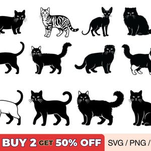 Pode incluir: Ilustrações de gatos em preto e branco em várias poses. Os gatos incluem um gato tigrado, um siamês e vários gatos pretos sólidos. A imagem também inclui o texto "BUY 2 GET 50% OFF" e "SVG / PNG / EPS".