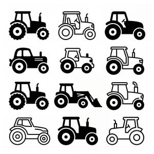 Peut inclure: Une collection de douze icônes de tracteurs en noir et blanc disposées en grille. L'ensemble comprend divers modèles de tracteurs, certains en silhouettes pleines et d'autres en contours, avec différentes tailles de roues et cabines.