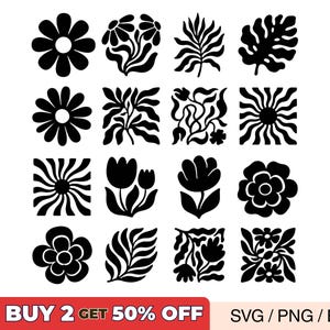 May include: A collection of black floral and leaf designs in various shapes. The image features botanical illustrations, including flowers, leaves, and abstract shapes. The text "BUY 2 GET 50% OFF" is at the bottom, along with "SVG / PNG / EPS".