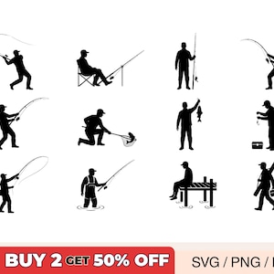 May include: Black silhouette illustrations of people fishing in various poses. The images include anglers casting, reeling, and holding fishing rods, with some figures seated or kneeling. The bottom banner reads "BUY 2 GET 50% OFF" and "SVG / PNG / EPS".