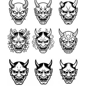 May include: A collection of nine black and white digital illustrations featuring various Hannya mask designs. Each mask displays sharp horns, bared teeth, and intense expressions, with some variations including floral accents, smoke, or geometric patterns.