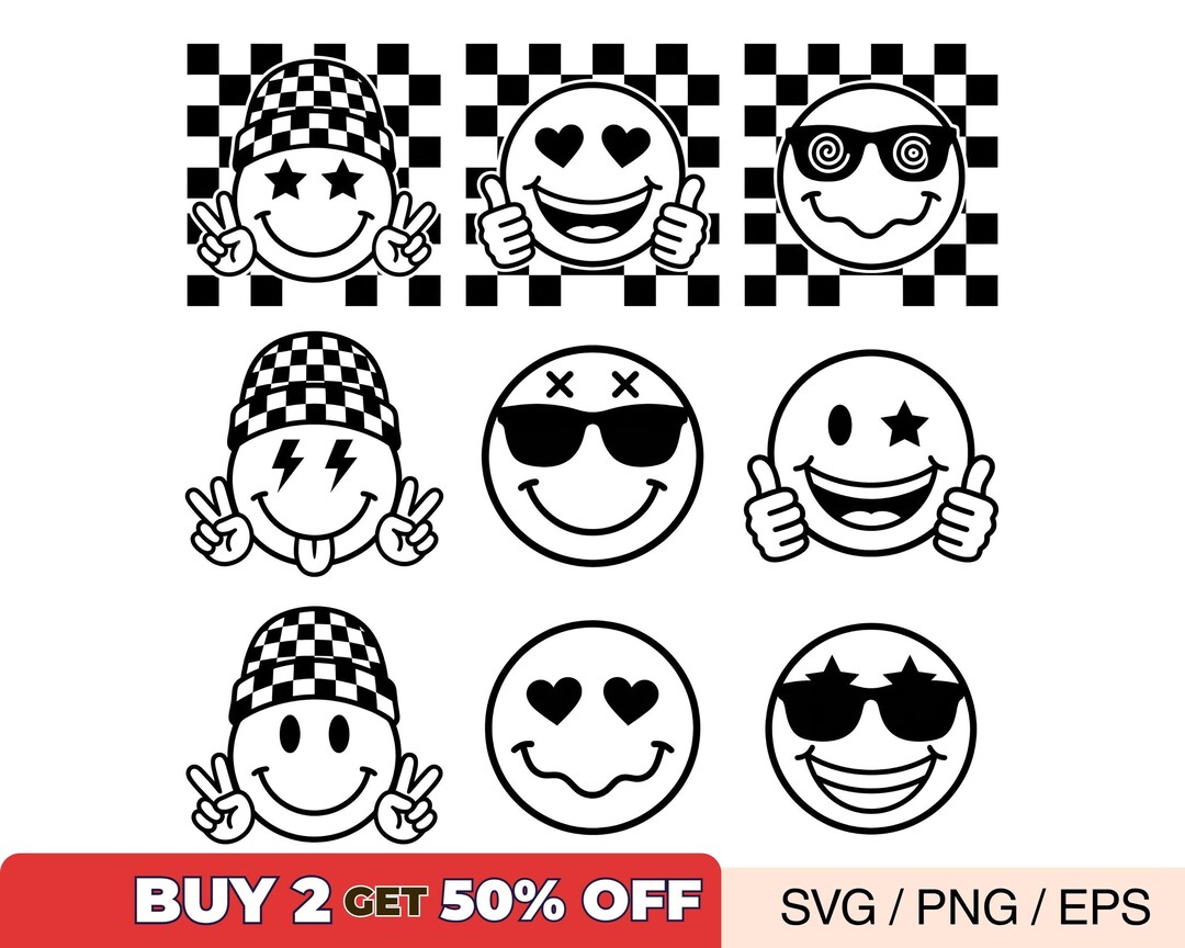 Checkered Smiley Face SVG Bundle, Retro Happy Face Emoji, Cricut PNG - Etsy