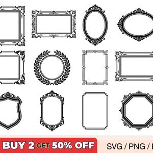 Paquete SVG de marcos clásicos de lujo, imágenes prediseñadas de silueta en blanco y negro para Cricut, descarga EPS PNG