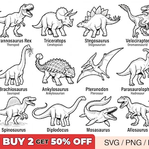 May include: A black and white graphic illustration featuring twelve distinct dinosaurs and prehistoric creatures, each labeled with its name and classification, including Tyrannosaurus Rex, Triceratops, Stegosaurus, Velociraptor, Brachiosaurus, Ankylosaurus, Pteranodon, Parasaurolophus, Spinosaurus, Diplodocus, Mosasaurus, and Allosaurus.