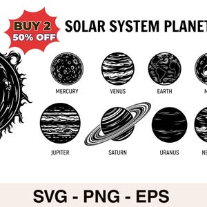 May include: Black and white illustration of the solar system planets, including the sun, Mercury, Venus, Earth, Mars, Jupiter, Saturn, Uranus, and Neptune. The image also includes the text "Solar System Planet" and "SVG - PNG - EPS".