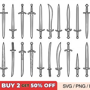 May include: A collection of eighteen black and white line art illustrations of various swords, including straight blades, curved blades, and daggers. The bottom of the image features a red banner with the white text BUY 2 GET 50% OFF and SVG / PNG / EPS.
