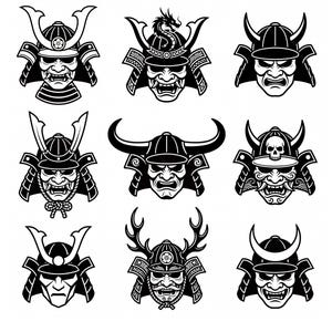 May include: A collection of nine black and white graphic illustrations featuring various samurai helmet designs, including masks with horns, dragon motifs, and skull accents, arranged in a three-by-three grid on a plain white background.