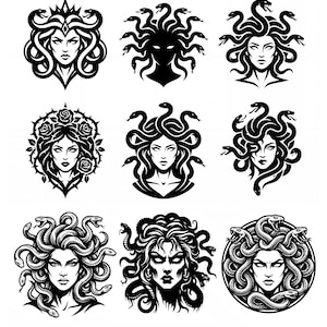 Puede incluir: Una colección de nueve ilustraciones gráficas en blanco y negro que muestran a Medusa con serpientes por cabello. Los diseños incluyen varias interpretaciones artísticas de la figura mitológica, algunas con coronas, rosas o marcos circulares. El texto dice: Instant Download • Commercial Use SVG / PNG / EPS.