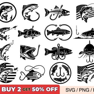 May include: A collection of black and white fishing-themed graphics. The designs include various fish illustrations, hooks, and American flag elements. The graphics are suitable for crafting or design projects.