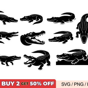 May include: A collection of black alligator silhouettes in various poses, including side profiles, top-down views, and open-mouthed designs. The image includes the text "BUY 2 GET 50% OFF" in a red banner.