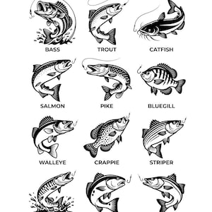 Può includere: Illustrazione in bianco e nero di varie specie di pesci che mordono ami. L'immagine include spigola, trota, pesce gatto, salmone, luccio, pesce sole, walleye, crappie, spigola striata, muskie, redfish e snook. Il testo dice "FISH BITING HOOK".