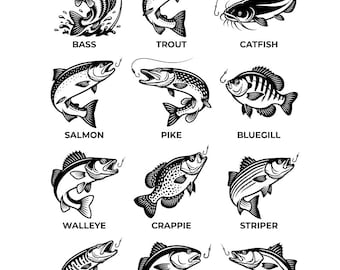 Fishing SVG Bundle, Fish Biting Hook, Bass Trout Salmon Pike Catfish Walleye Angler Clipart