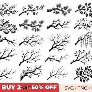 Peut inclure: Une collection d'illustrations en noir et blanc de branches d'arbres. Les branches varient en style, y compris celles avec des feuilles, des fleurs et des aiguilles de pin. L'image comprend également le texte "BUY 2 GET 50% OFF" et "SVG / PNG / EPS".