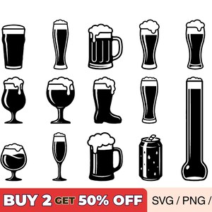 Puede incluir: Ilustraciones en blanco y negro de varios vasos y jarras de cerveza, incluyendo vasos de pinta, una jarra y un vaso en forma de bota. La imagen también incluye una lata de cerveza. El texto "BUY 2 GET 50% OFF" está en la parte inferior.
