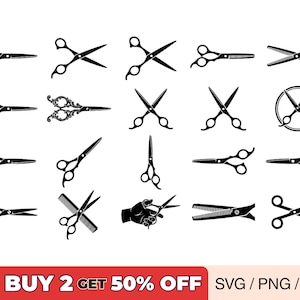 May include: A collection of black scissors in various styles, including barber shears, embroidery scissors, and hair cutting shears. The image includes a hand holding scissors and a comb. The text at the bottom reads "BUY 2 GET 50% OFF".