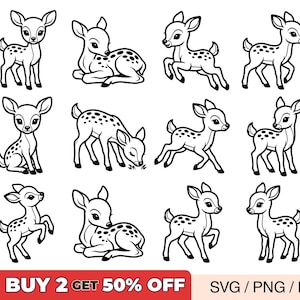 Könnte beinhalten: Eine Sammlung von schwarz-weißen Cartoon-Hirsch-Illustrationen in verschiedenen Posen, darunter stehend, sitzend und springend. Jeder Hirsch hat Flecken und große Augen, geeignet für Bastelprojekte.