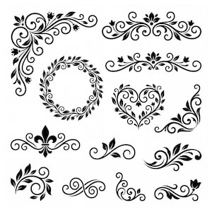 May include: A collection of black floral and scrollwork vector graphics featuring various decorative elements including a corner flourish, a circular wreath, a heart shape, a fleur-de-lis motif, and several ornate dividers on a white background.