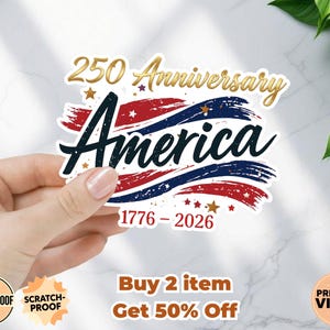 Pegatina del 250 aniversario de Estados Unidos, calcomanía con escritura patriótica 1776-2026, vinilo con diseño de bandera vintage, resistente al agua, Día de la Independencia.