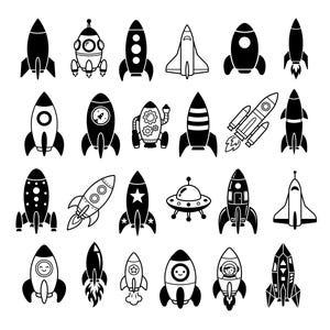 May include: A collection of twenty-four black and white vector icons featuring various rocket ships, space shuttles, and a flying saucer. The designs include solid silhouettes, outlined shapes, and detailed illustrations of spacecraft in flight.