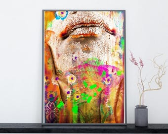 Retrato em colagem onírico – Arte de parede surreal com rosto, impressão digital abstrata
