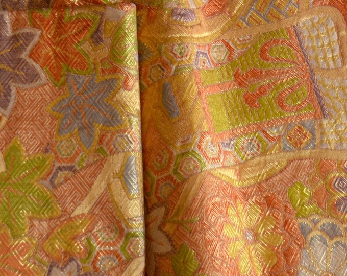 Vintage Japanese Fukuro obi stiff gold brocade with metallic threads and traditional design, carriage and flowers. Opulent and gorgeous!