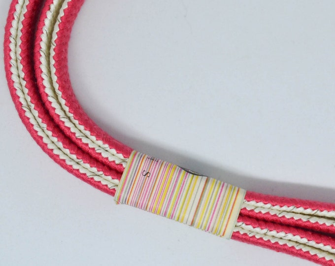 Vintage Japanese silk kumihimo obi-jime cord obi deep pink and white colour, flat type. Unused Handmade, wonderful. Hand woven.