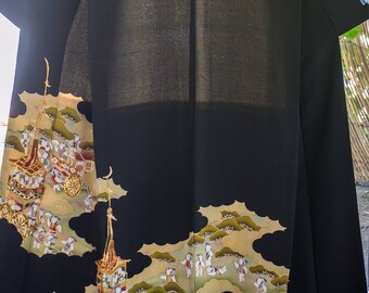 Vintage Japanese formal tomosode kimono with children and carriage with embroidery with hiyoku