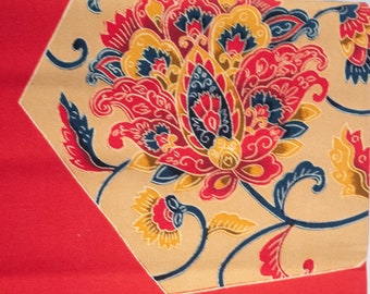 Vintage Japanese Fukuro vermillion red raw silk obi with bold bingata - kata yuzen dyed pattern. Crepe silk front with raw silk reverse