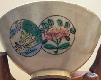 Japanese Kyo-yaki hand painted vintage tea bowl. Three scenes, ceramic teabowl. Signed.