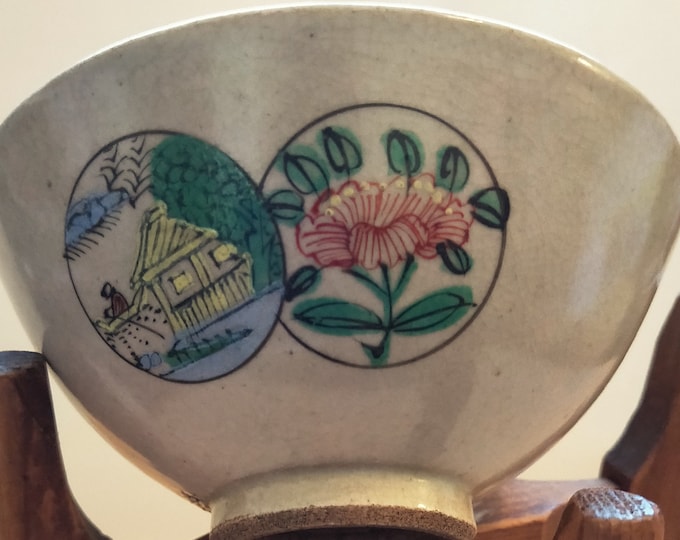 Japanese Kyo-yaki hand painted vintage tea bowl. Three scenes, ceramic teabowl. Signed.