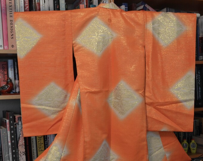 Vintage Japanese orange and gold  kids kimono w/ cranes and metallic thread. Not Mint