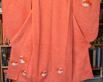 Vintage Japanese orange kids kimono w/ shibori and embroidered ducks. Excellent condition.