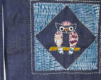 Japanese cotton sashiko noren with 6 owls. 145 cm long 84 cm wide approx