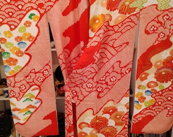 Vintage 1980's Japanese  handsewn silk kimono Furisode swinging sleeves w/ traditional floral pattern. Dramatic  essence of kimono culture.