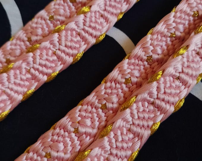 Vintage Japanese silk kumihimo obi-jime cord for wearing with kimono and obi flat type. Cool baby pink with gold metallic threads. Handmade
