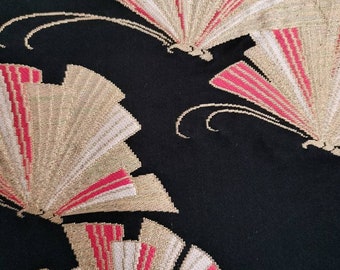 Beautiful vintage Japanese silk Nagoya obi, with bouquet of  fans woven in gold and orange pattern black ground.