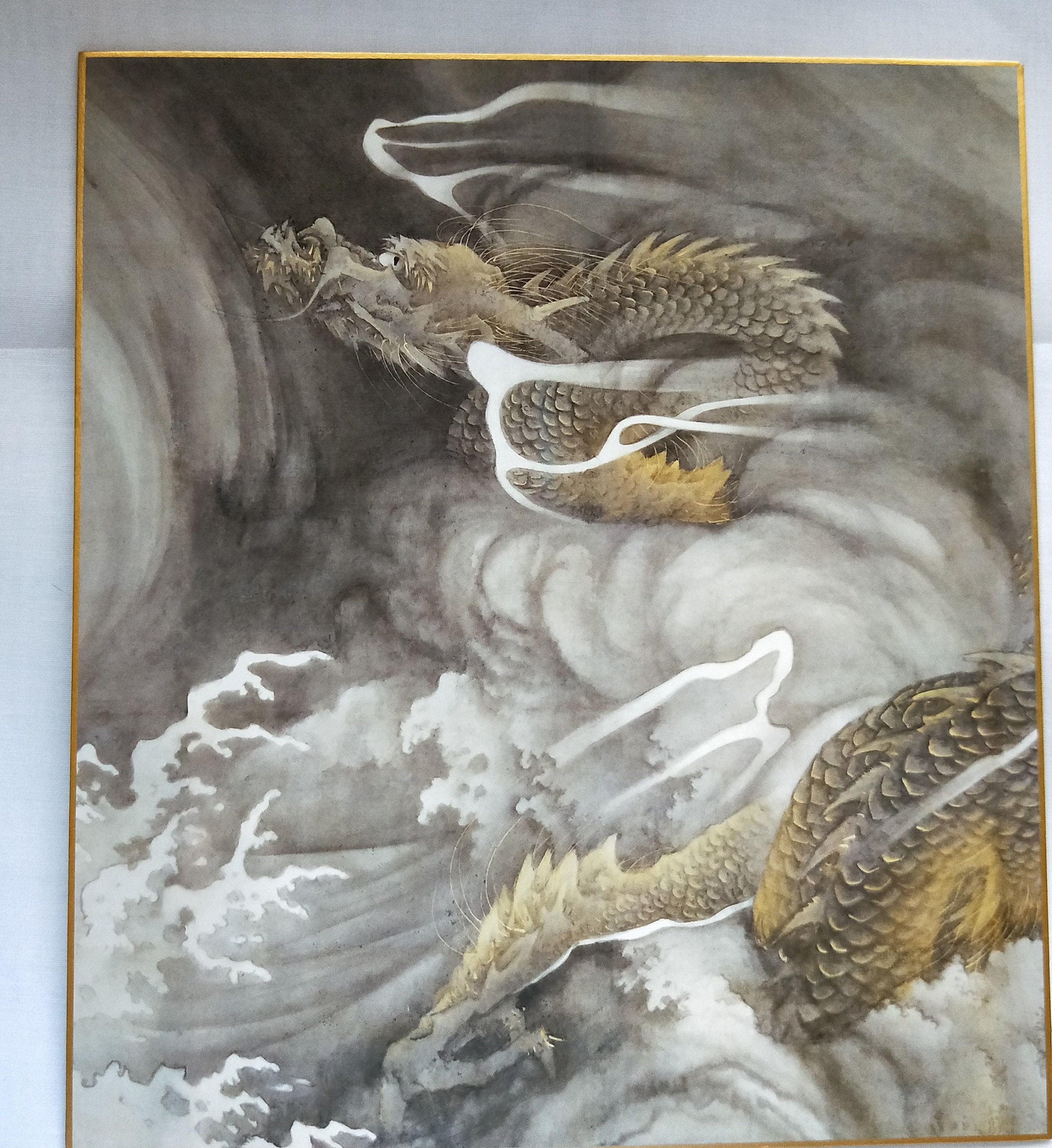 Vintage Japanese shikishi paintings print of a dragon in raging storm
