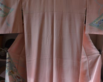 Vintage 1990's Japanese  handsewn kimono soft pink silk with yuzen dyed pattern of floral flower scrolls. Embroidered chysanthemum details.