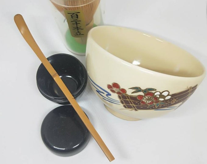 Matcha tea ceremony starter kit includes vintage handmade chawan (tea bowl) chashaku (tea scoop) handcrafted bamboo whisk natsume tea caddy