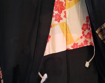 Vintage Japanese hand stitched silk  haori kimono jacket black with metallic squares , soft casual drape, maple leaf lining soft silky.