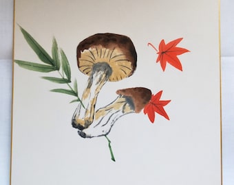 Vintage Hand painted Japanese shikishi  painting Japanese unsigned maple and mushrooms