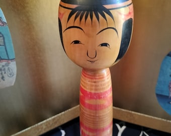 Vintage traditional collectible Japanese kokeshi wooden doll. Geometric stipe design. Handmade and hand crafted. 30cm tall 380 grams. Cute!